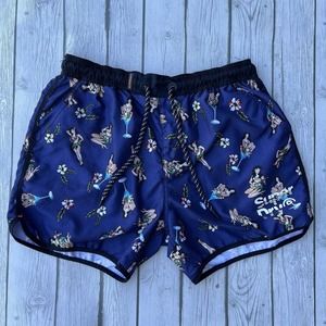 Superdry Swim Board Shorts 34 W Navy Blue Hawaiian Hula Dancer Martini Print XL